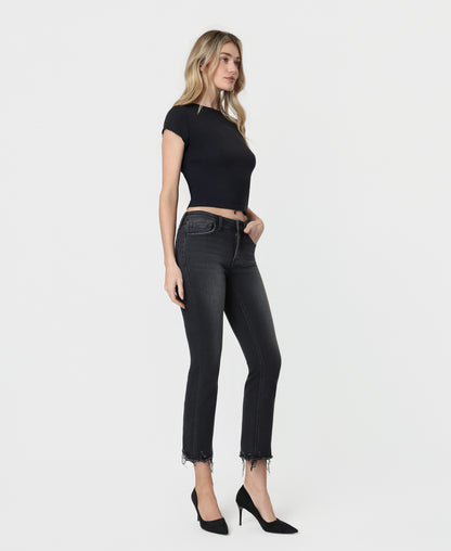 Right 45 degrees product image of Reasonable - Mid Rise Raw Distressed Hem Crop Flare Jeans
