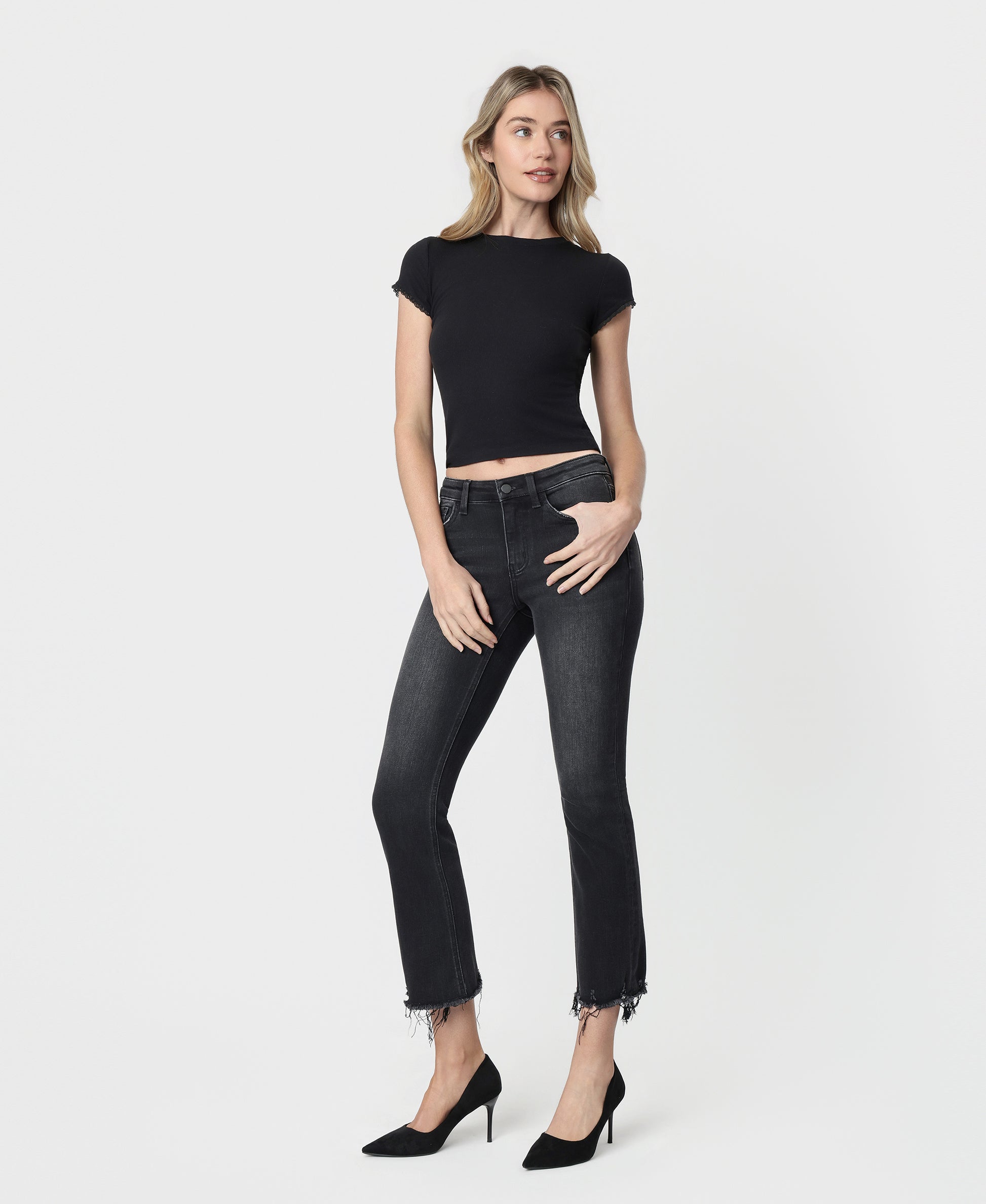 Left 45 degrees product image of Reasonable - Mid Rise Raw Distressed Hem Crop Flare Jeans