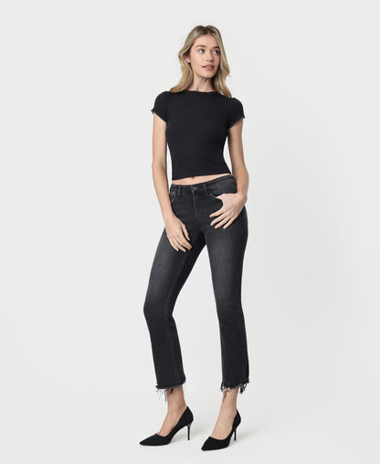 Left 45 degrees product image of Reasonable - Mid Rise Raw Distressed Hem Crop Flare Jeans