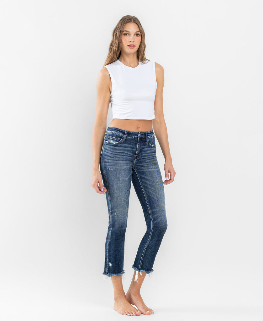 Right 45 degrees product image of Stunned - Low Rise Raw Hem Crop Slim Straight Jeans