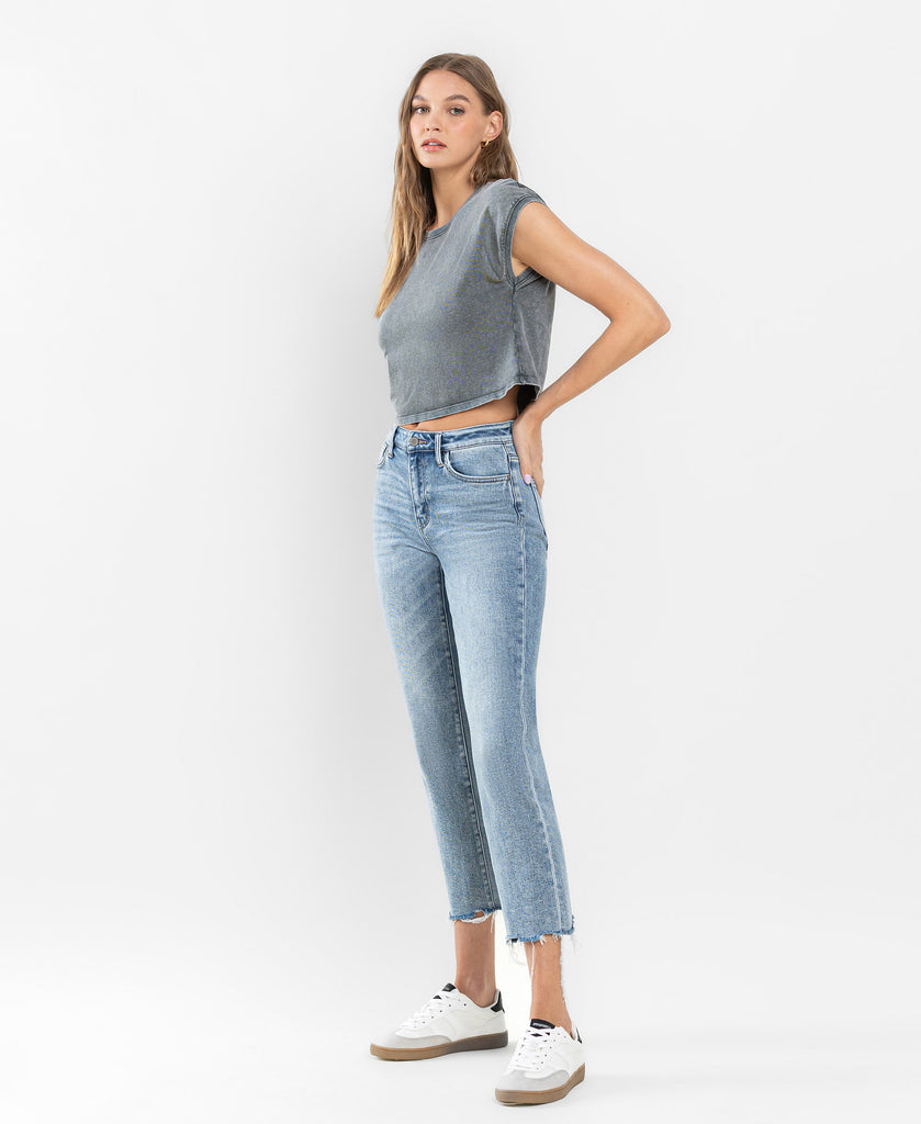 Left 45 degrees product image of Ergonomical - High Rise Cropped Distressed Hem Straight Jeans