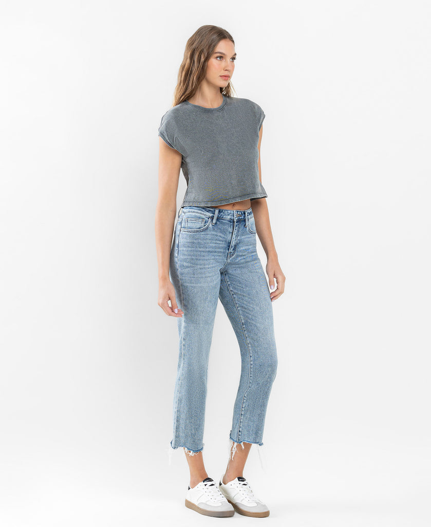Right 45 degrees product image of Ergonomical - High Rise Cropped Distressed Hem Straight Jeans