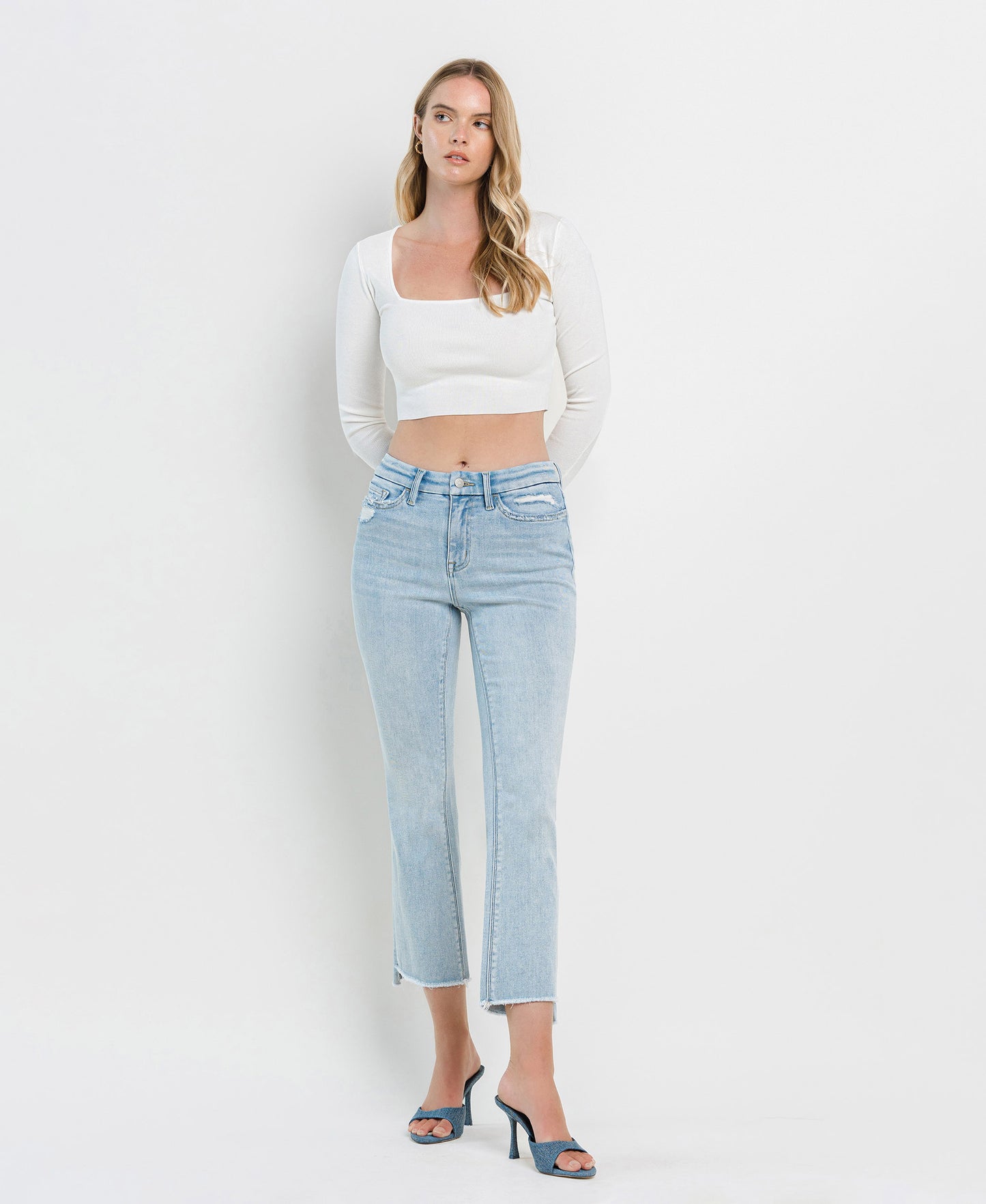 Front product images of Parade - High Rise Slant Raw Hem Crop Flare Jeans