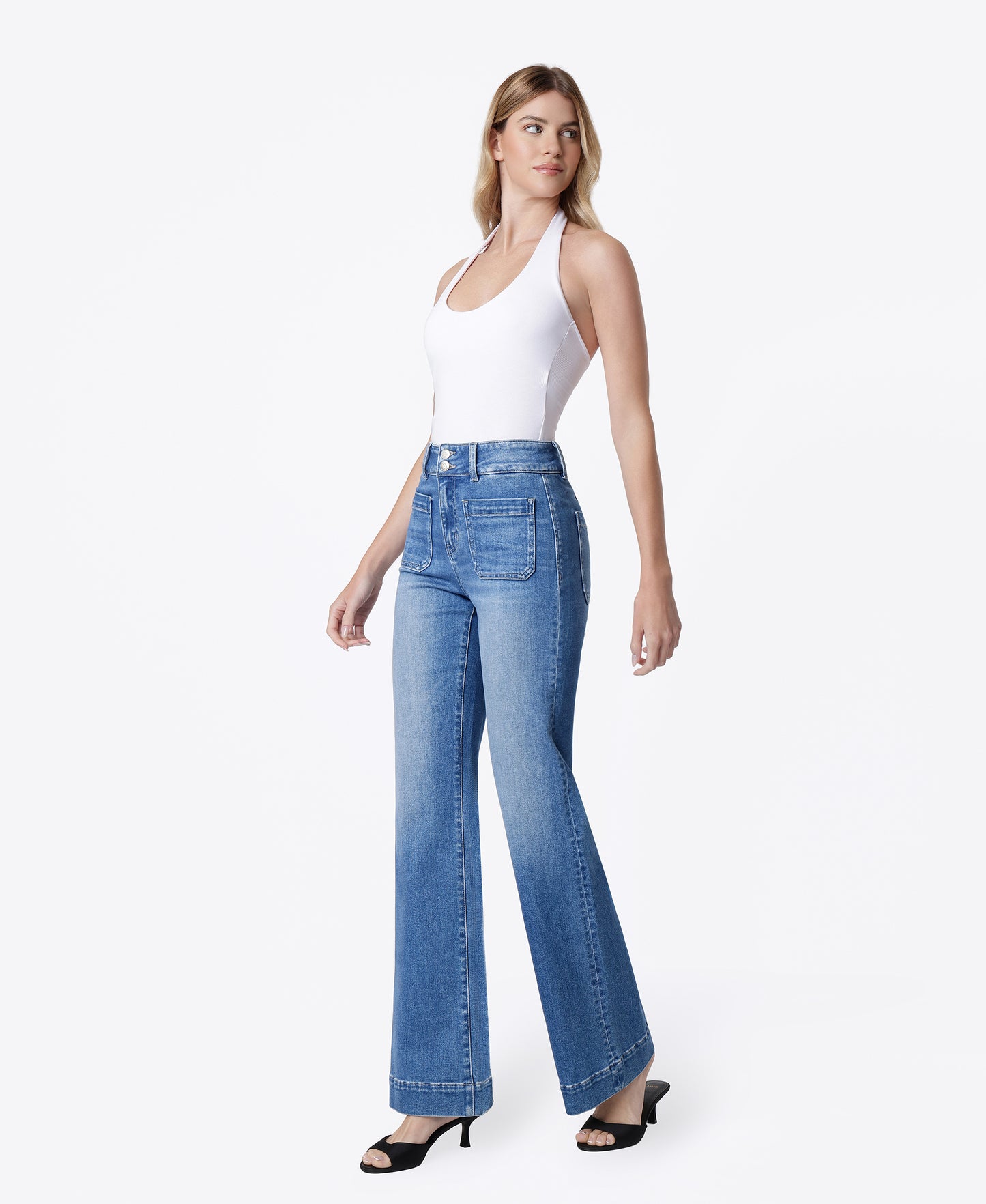 Left 45 degrees product image of Medium - 90's Super High Rise Double Button Vintage Flare Jeans