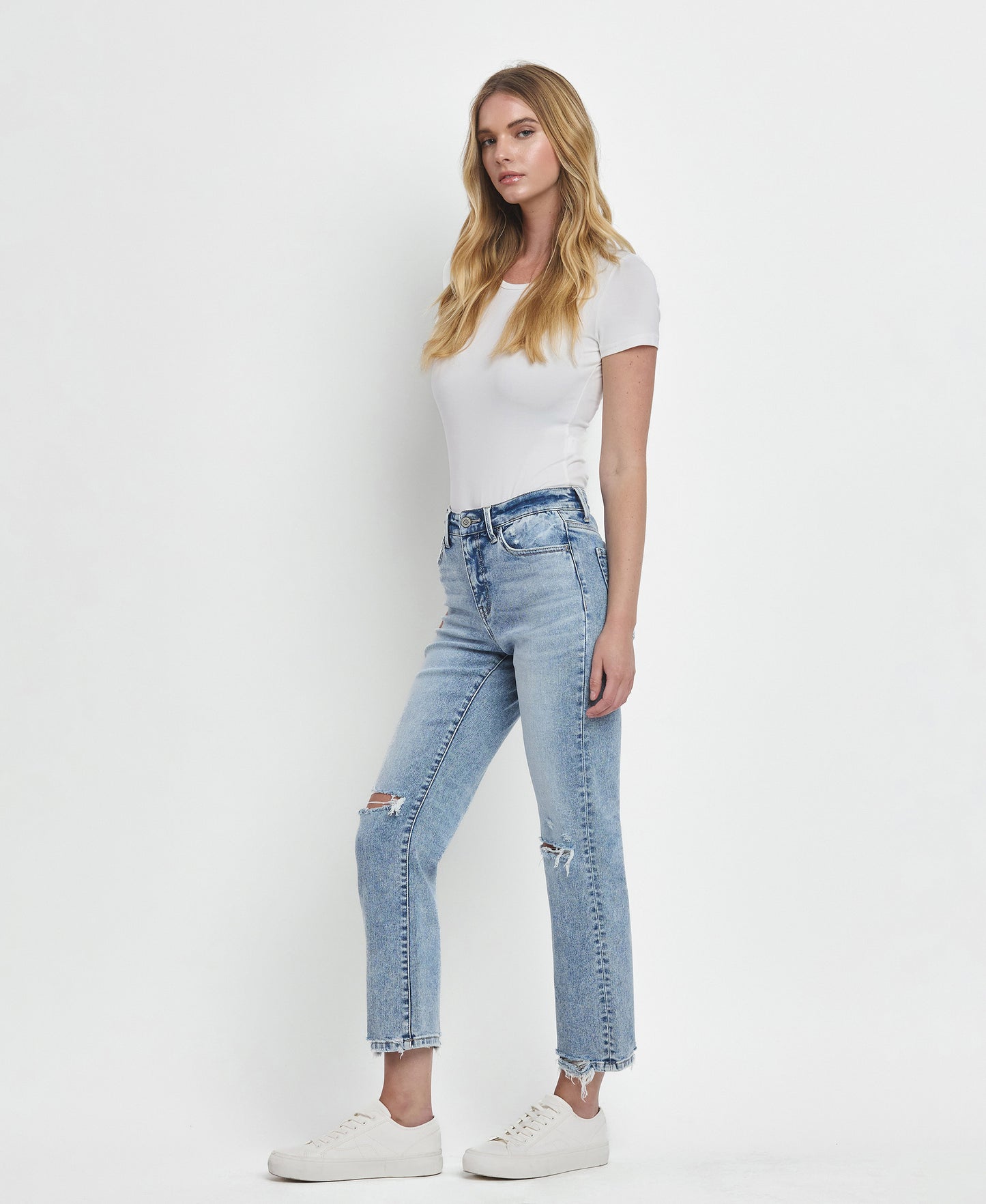 Left 45 degrees product image of Vivid - High Rise Distressed Straight Jeans