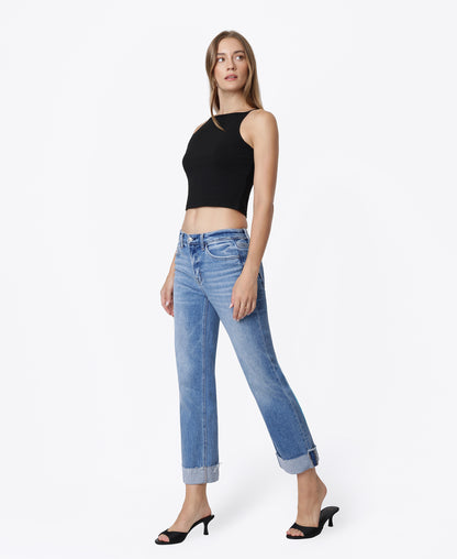 Left 45 degrees product image of Delectable - High Rise Single Cuffed Crop Straight Jeans