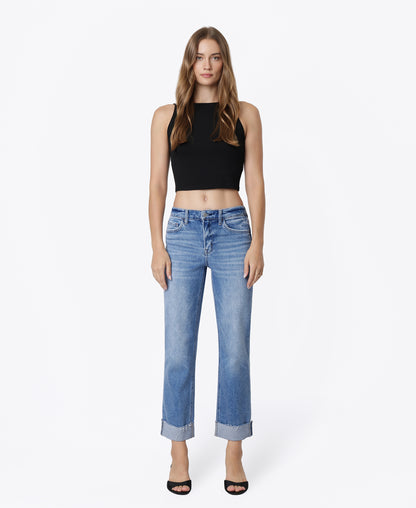 Front product images of Delectable - High Rise Single Cuffed Crop Straight Jeans