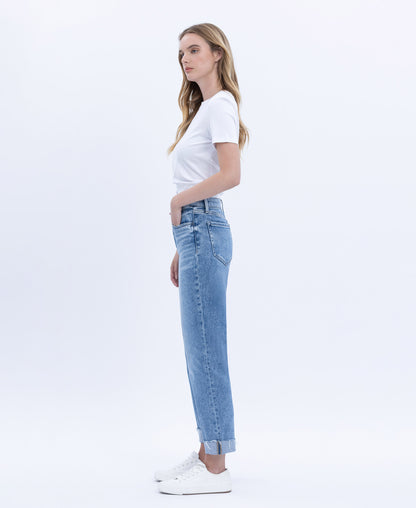 Left 45 degrees product image of Delectable - High Rise Single Cuff Crop Straight Jeans