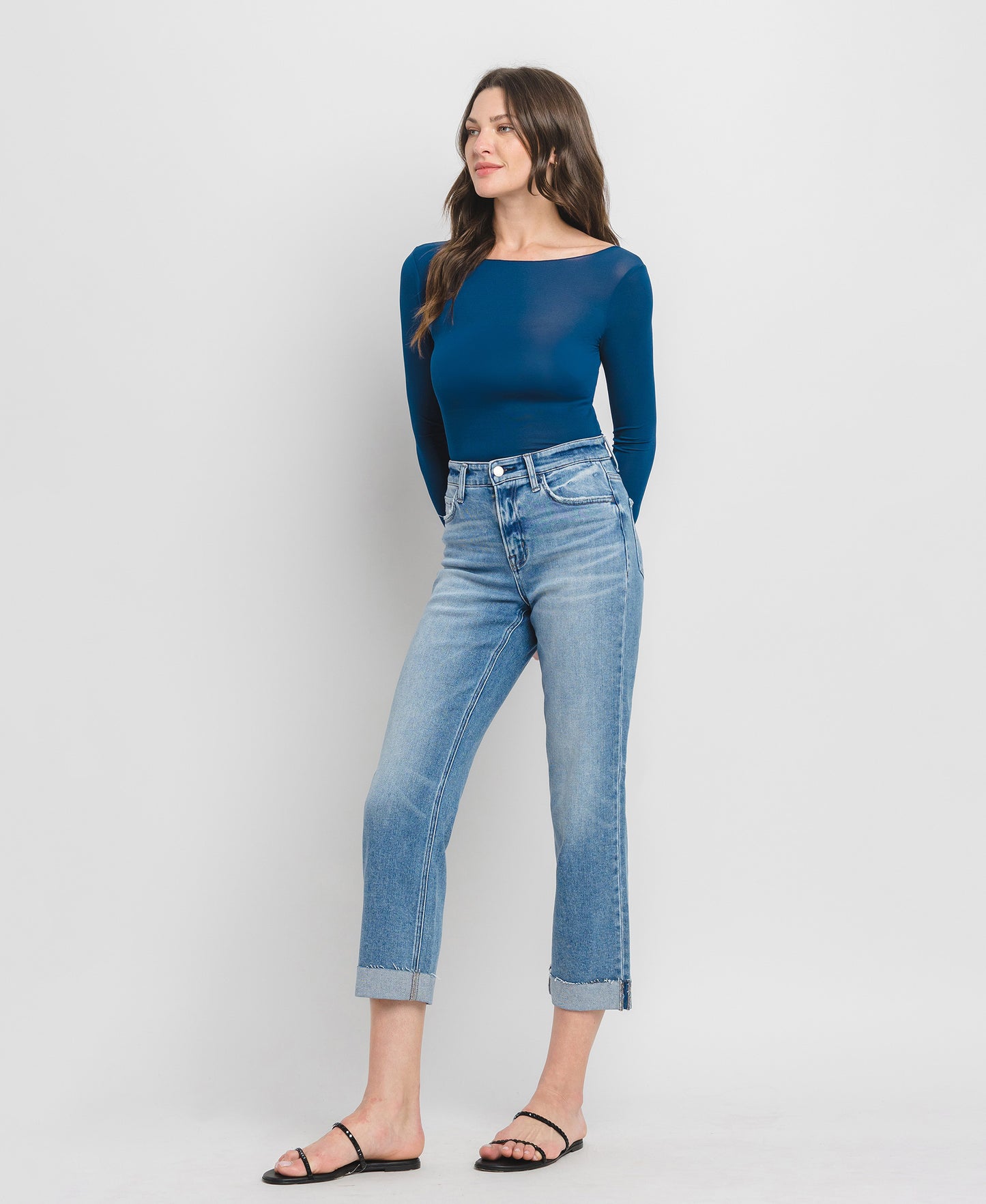 Left 45 degrees product image of Delectable - High Rise Single Cuff Crop Straight Jeans