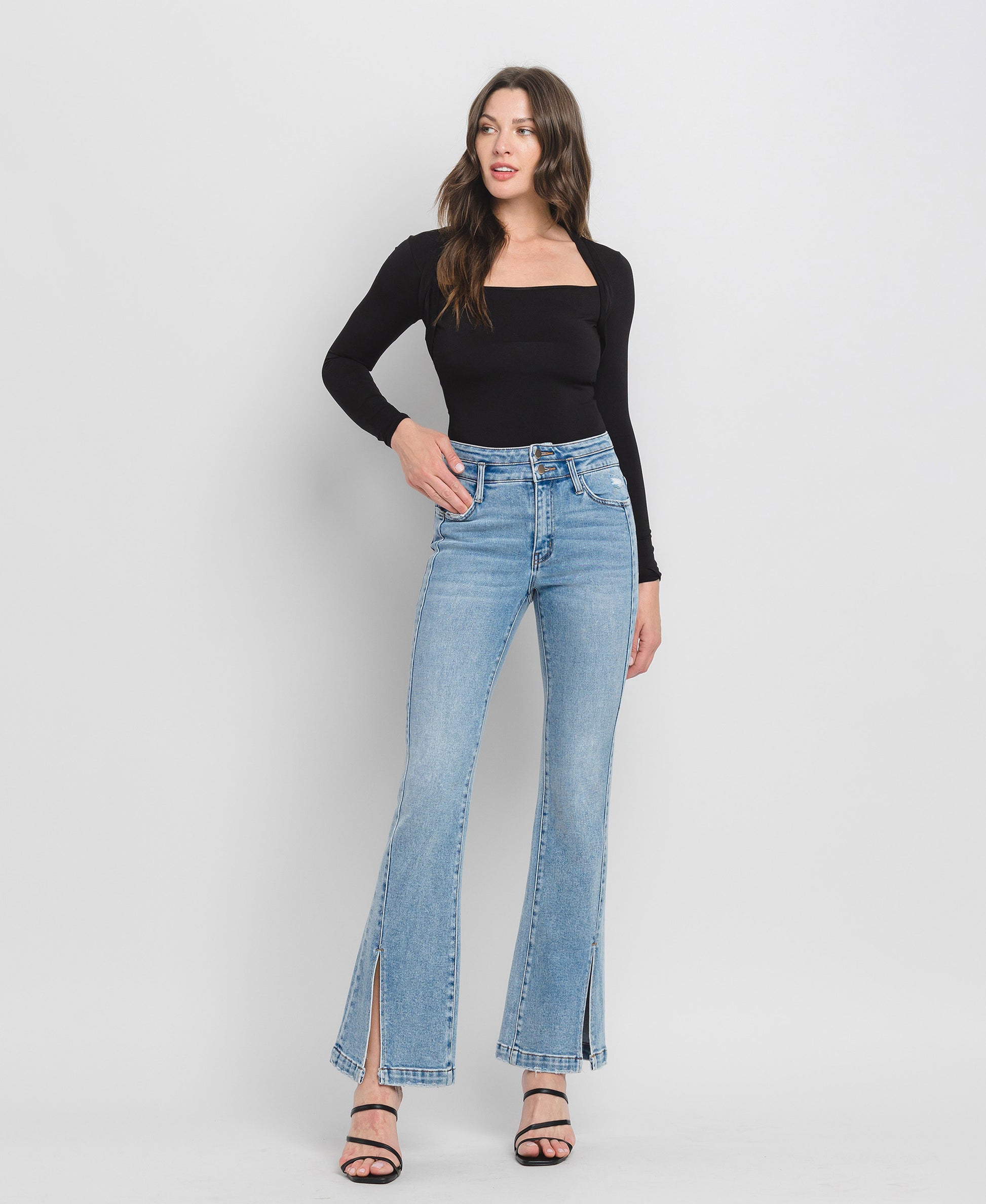 Front product images of Amenity - High Rise Split Hem Flare Jeans