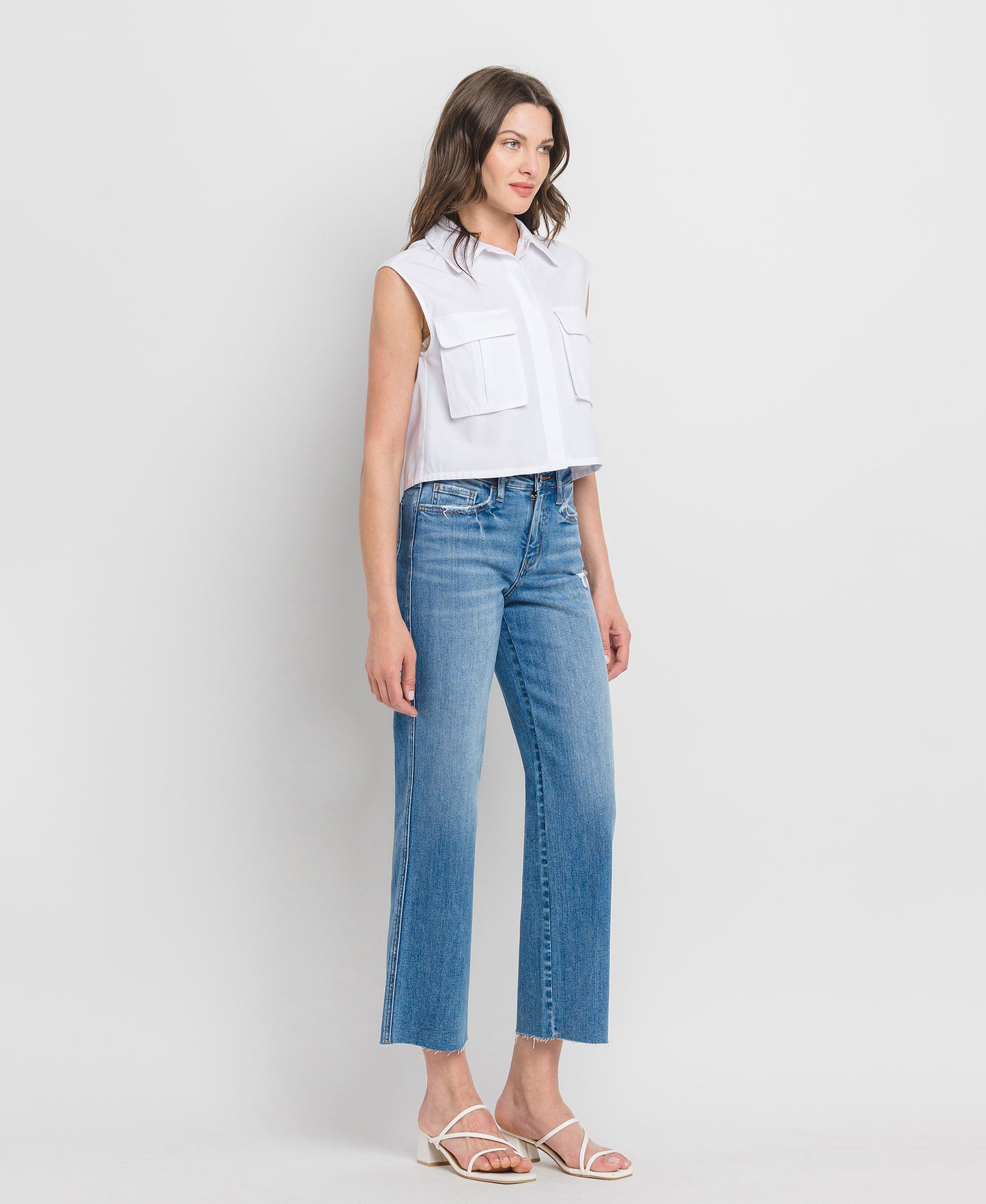 Right 45 degrees product image of Supported - High Rise Raw Hem Slim Wide Leg Jeans