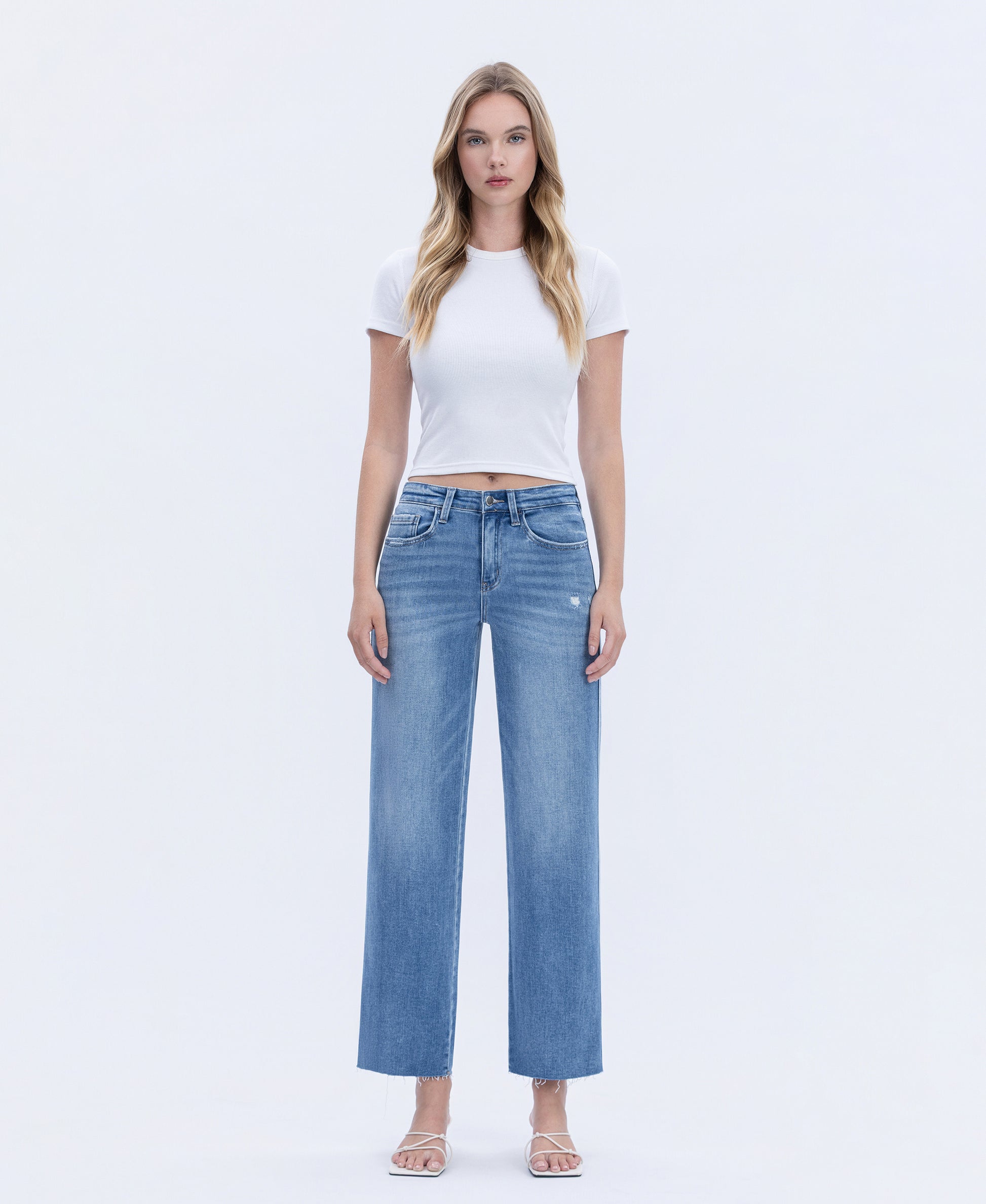 Front product images of Supported - High Rise Raw Hem Slim Wide Leg Jeans