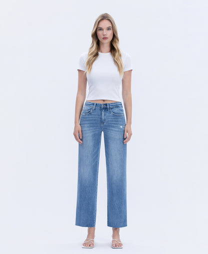 Front product images of Supported - High Rise Raw Hem Slim Wide Leg Jeans