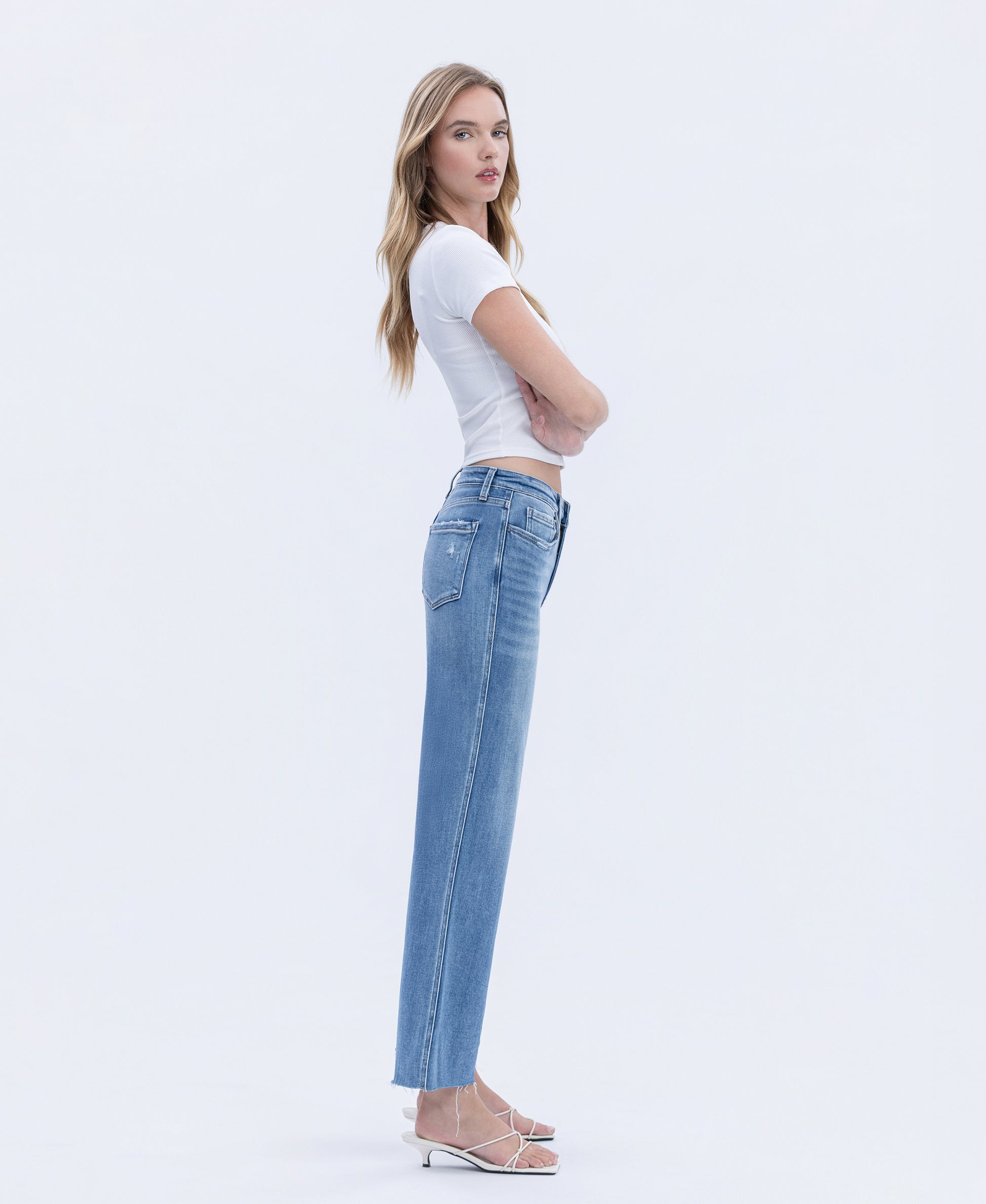 Right side product images of Supported - High Rise Raw Hem Slim Wide Leg Jeans