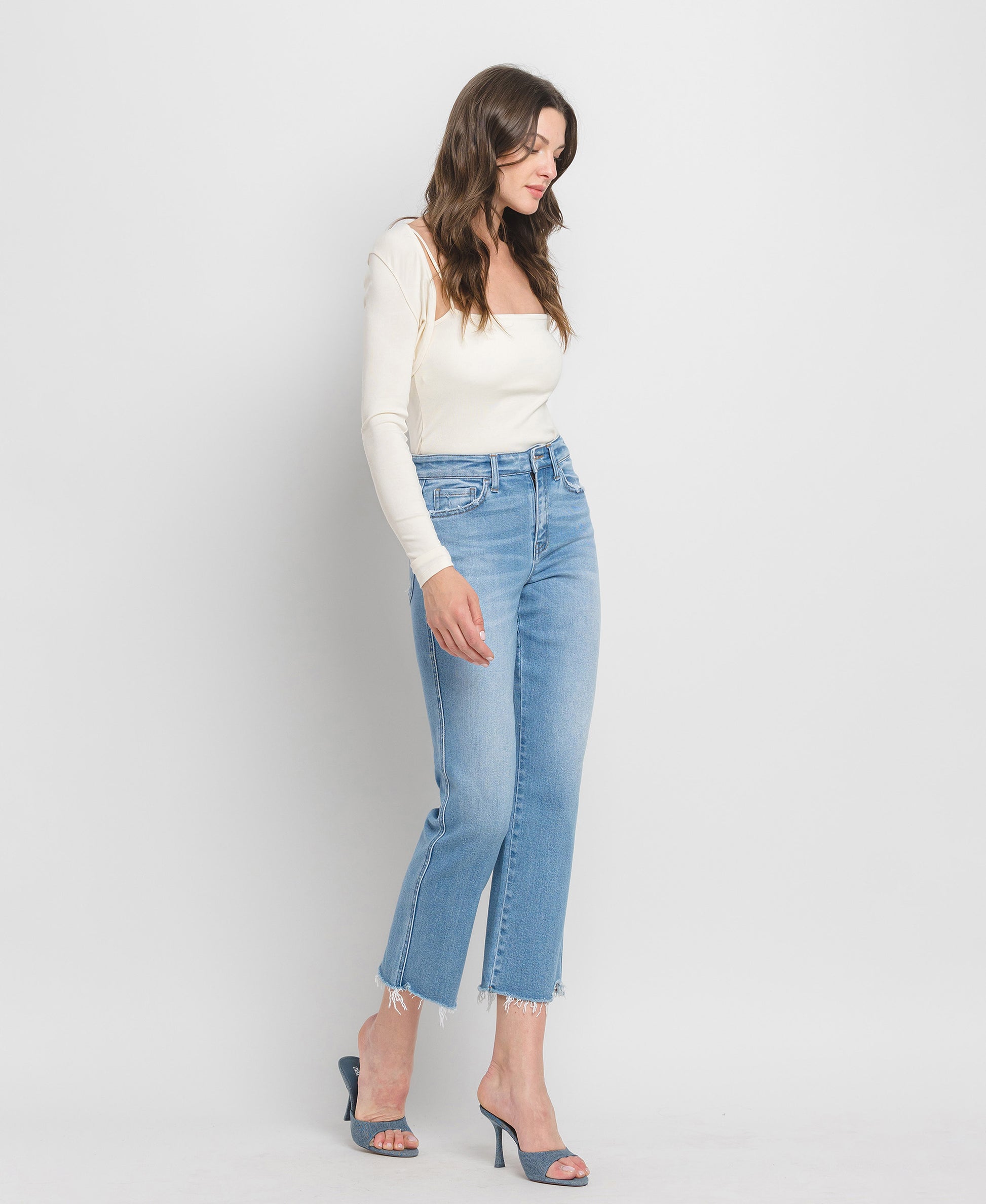 Right 45 degrees product image of Comfy - High Rise Frayed Hem Crop Straight Jeans