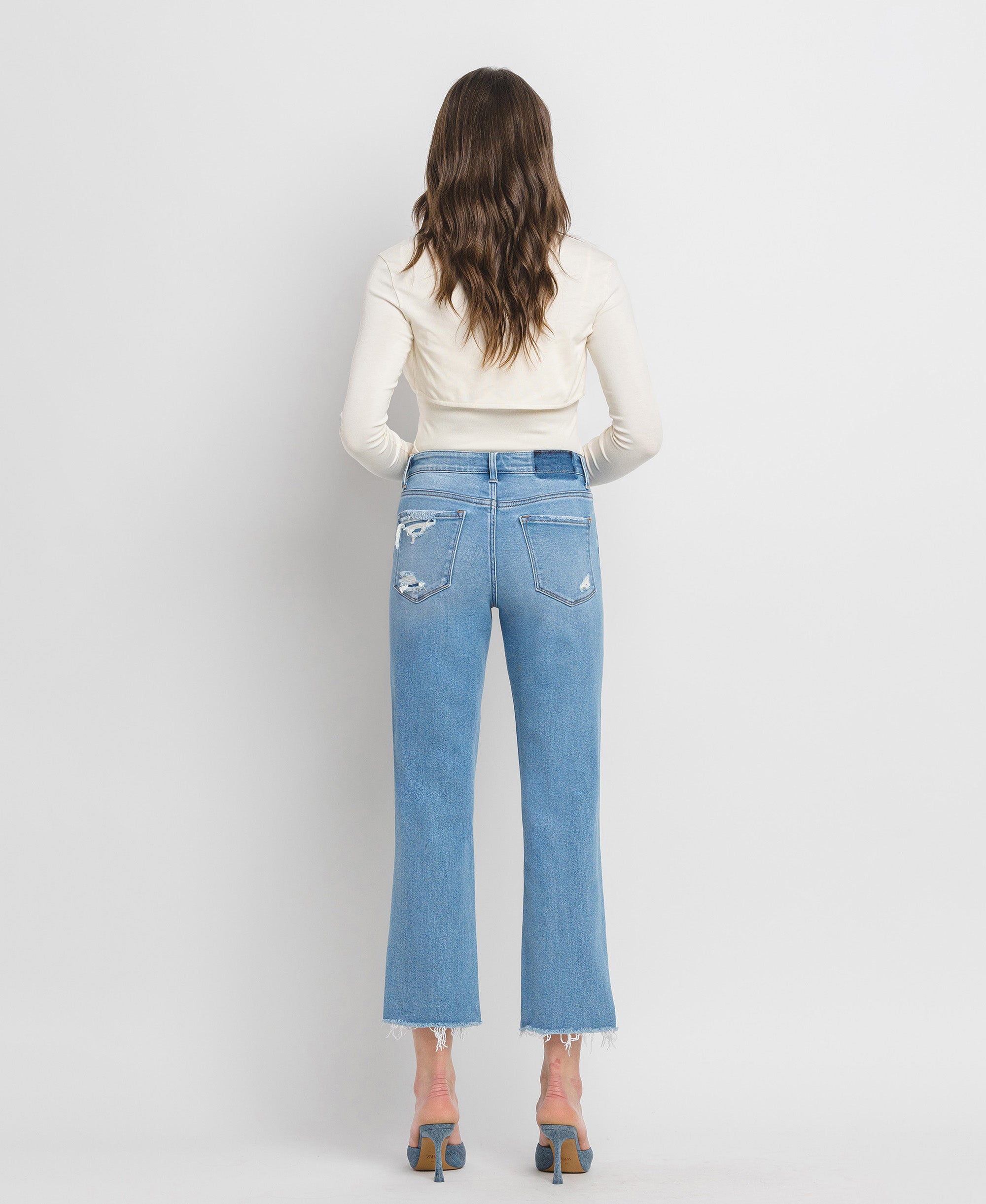 FLYING top MONKEY Bletilla Mid Rise Raw Hem Distressed Cropped Flare Jeans in Blue