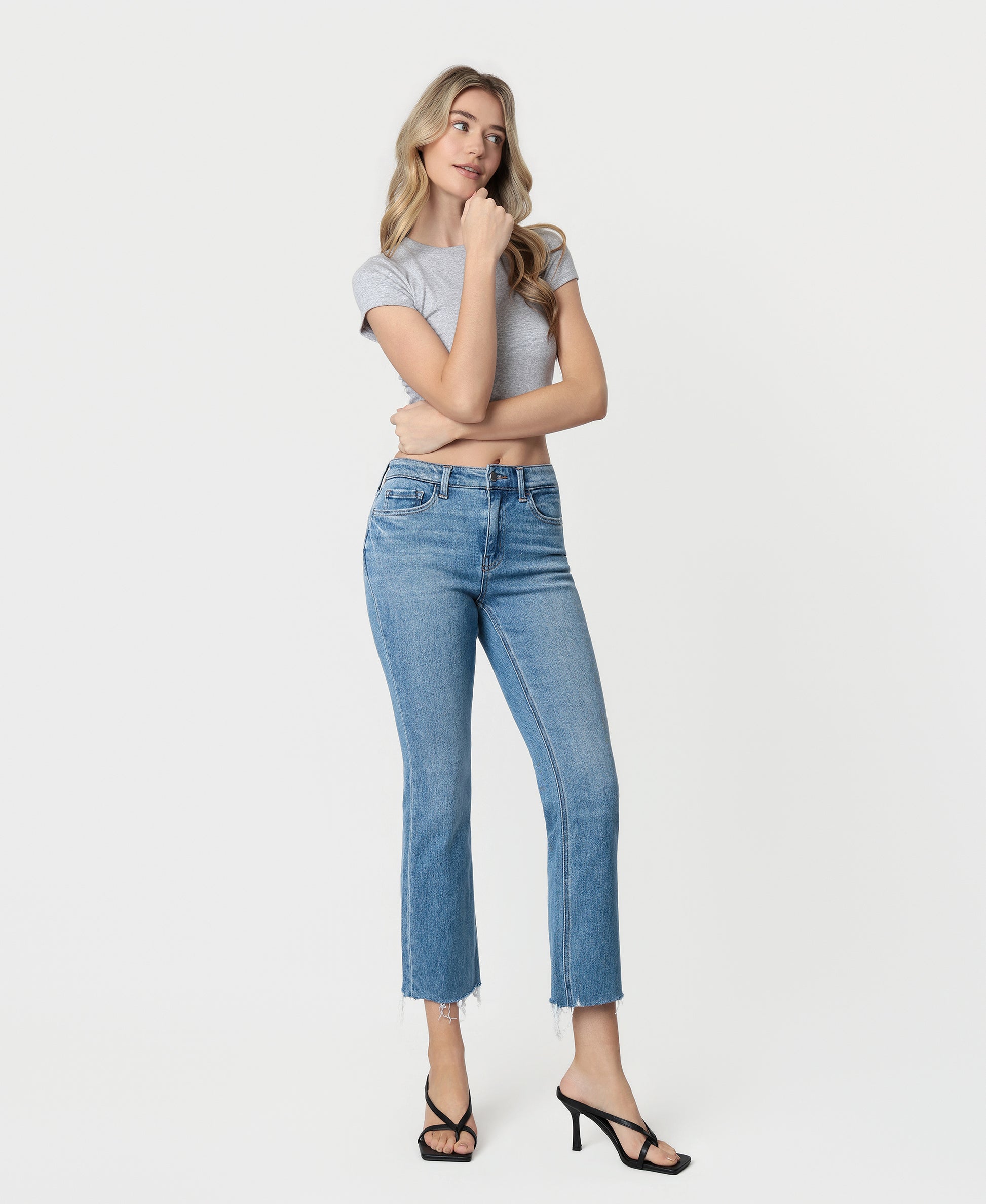 Right 45 degrees product image of Panoramic - High Rise Distressed Hem Kick Flare Jeans
