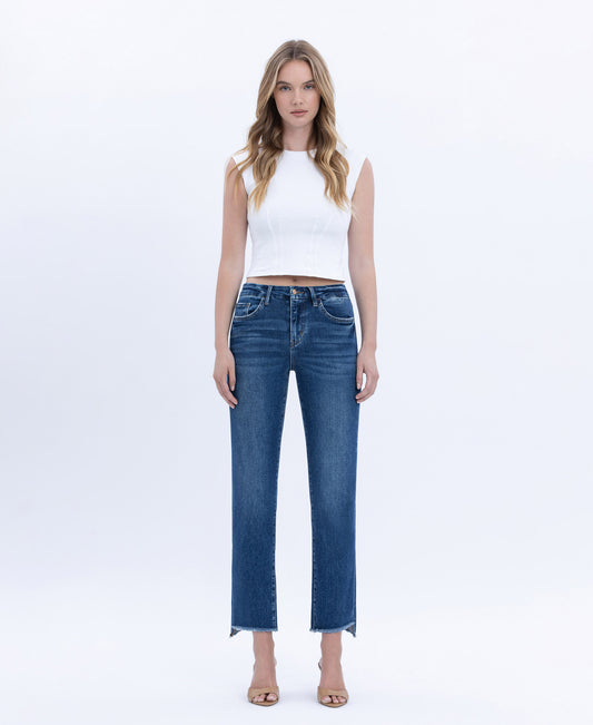 Front product images of Encouragingly - High Rise Raw Step Hem Slim Straight Jeans