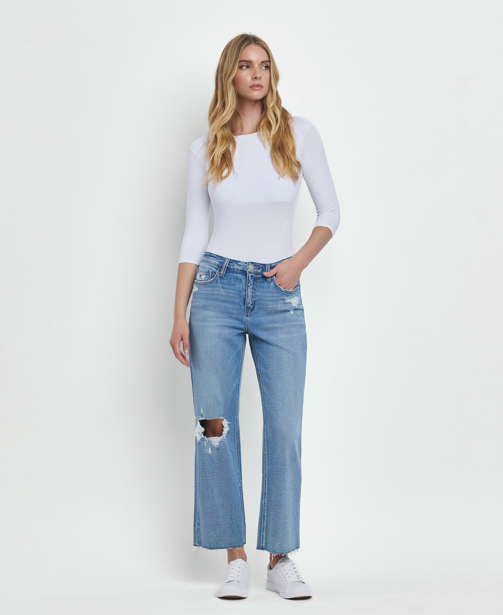 Front product images of Satisfactory - High Rise Crop Slim Wide Jeans