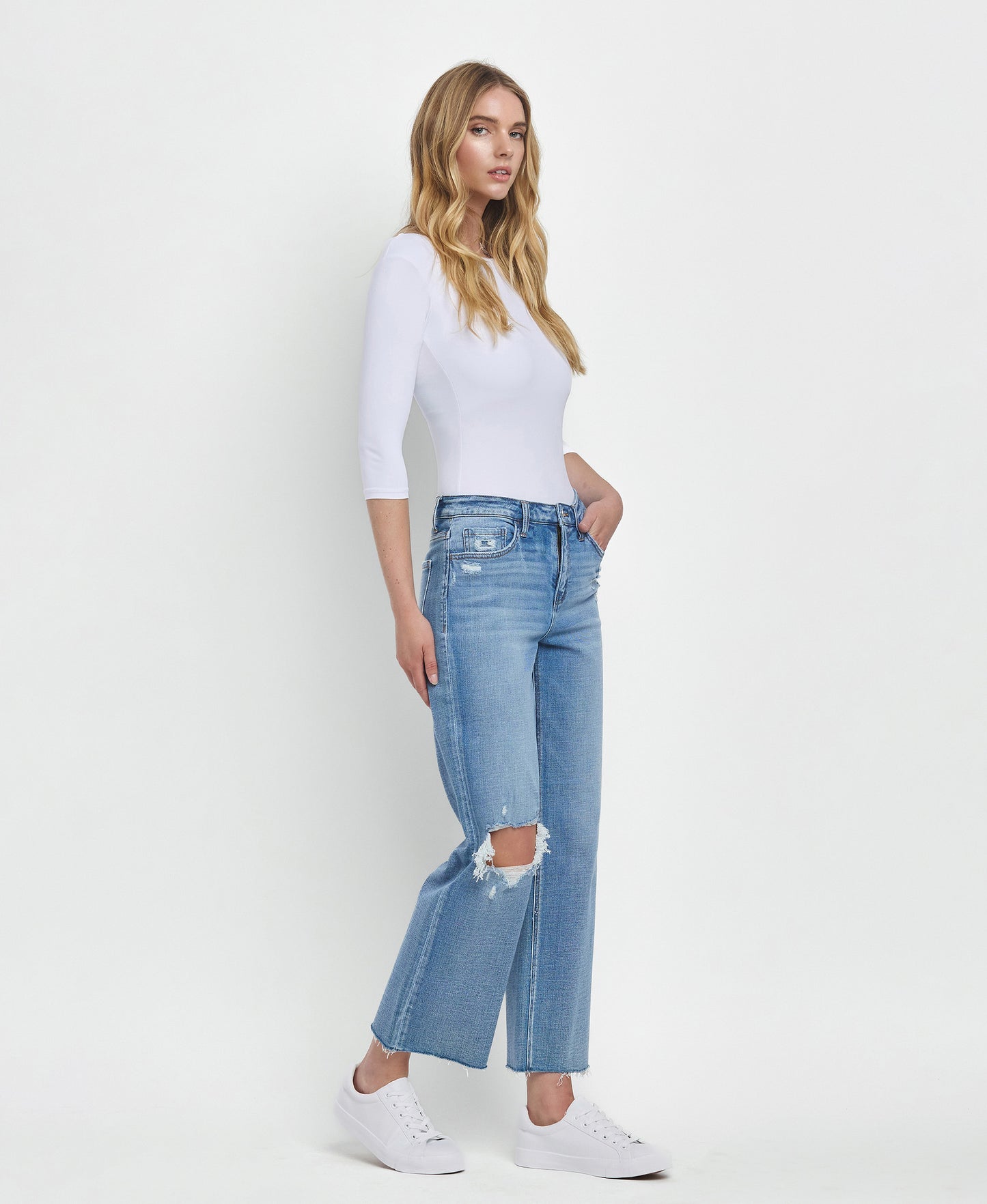 Right 45 degrees product image of Satisfactory - High Rise Crop Slim Wide Jeans