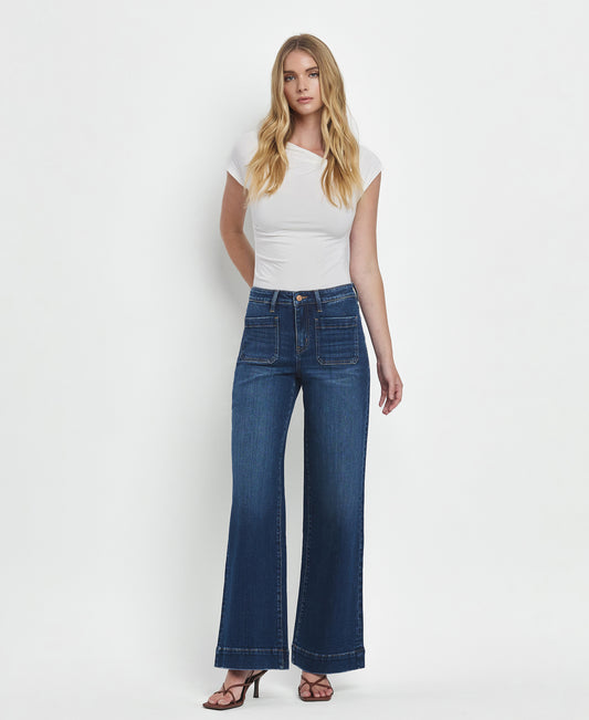 Front product images of Dark Denim - High Rise Wide Trouser Jeans