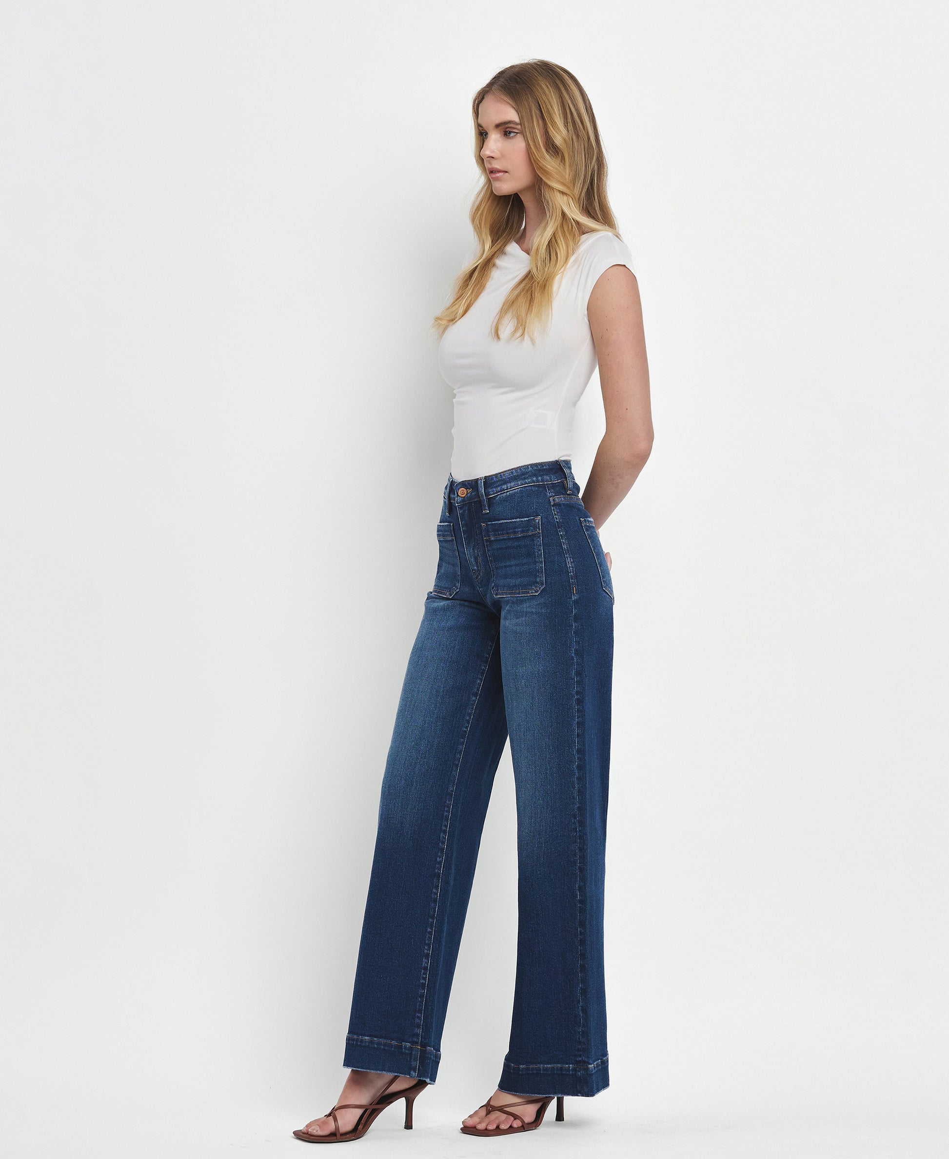 Left 45 degrees product image of Dark Denim - High Rise Wide Trouser Jeans