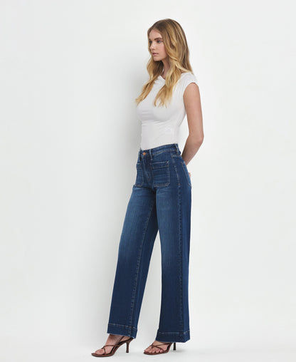 Left 45 degrees product image of Dark Denim - High Rise Wide Trouser Jeans