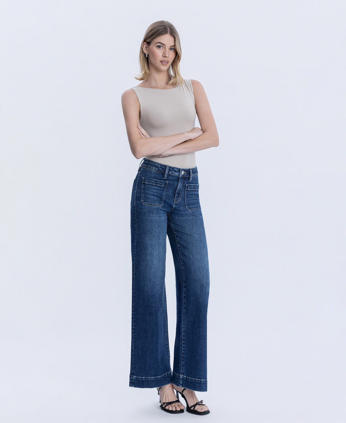 Right 45 degrees product image of Medium Light - High Rise Trouser Hem Wide Leg Jeans
