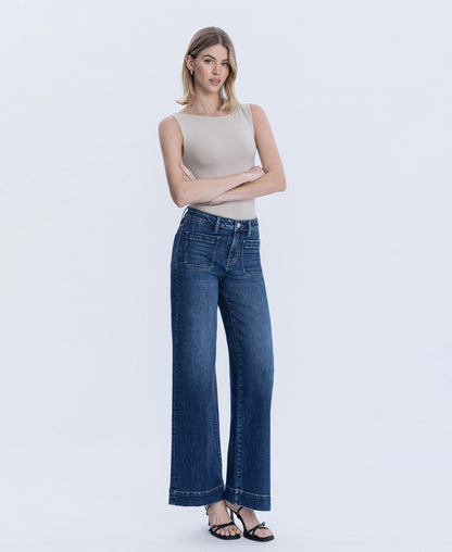 Right 45 degrees product image of Medium Light - High Rise Trouser Hem Wide Leg Jeans