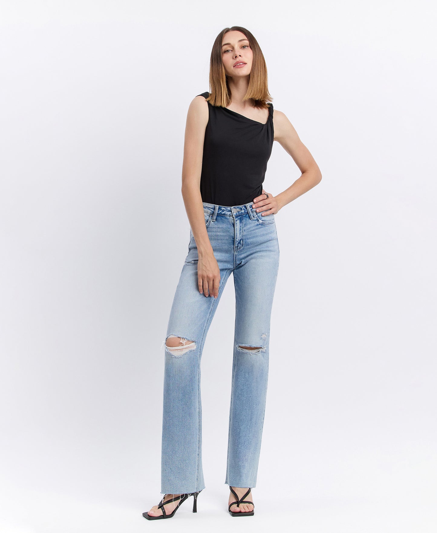 Front product images of Dexterity - High Rise Distressed Slim Wide Leg Jeans