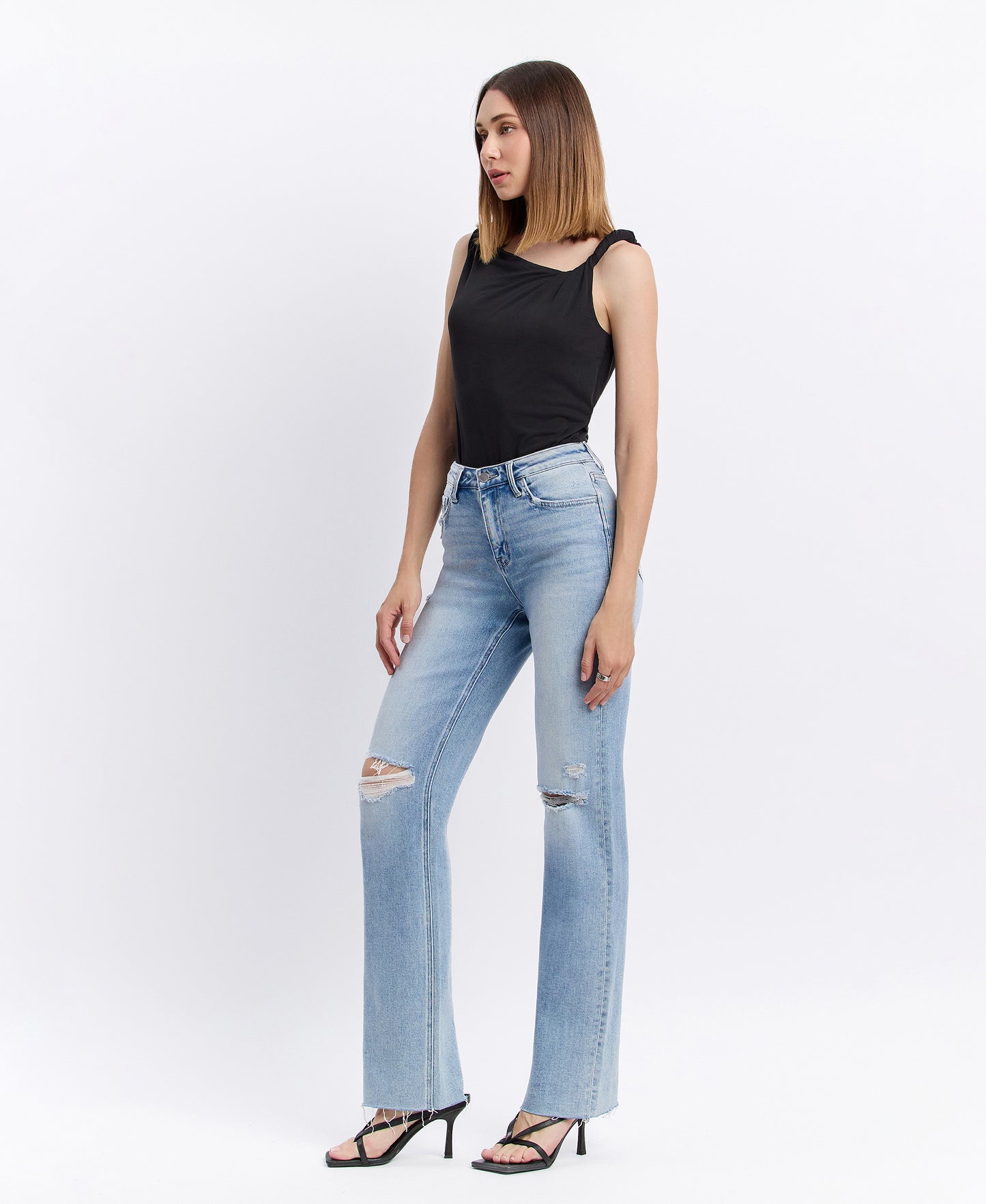 Left 45 degrees product image of Dexterity - High Rise Distressed Slim Wide Leg Jeans