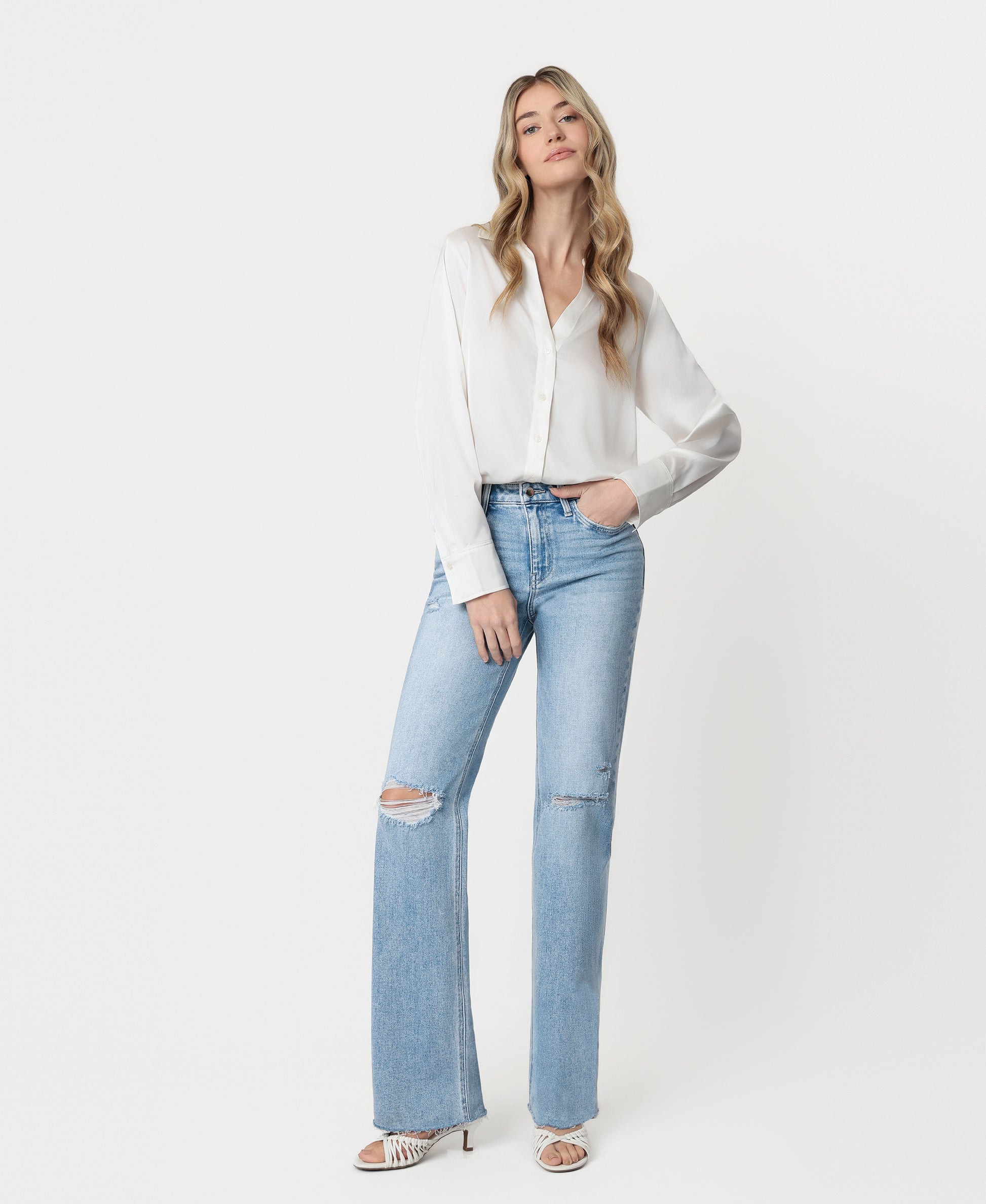 Front product images of Dexterity - High Rise Distressed Slim Wide Leg Jeans
