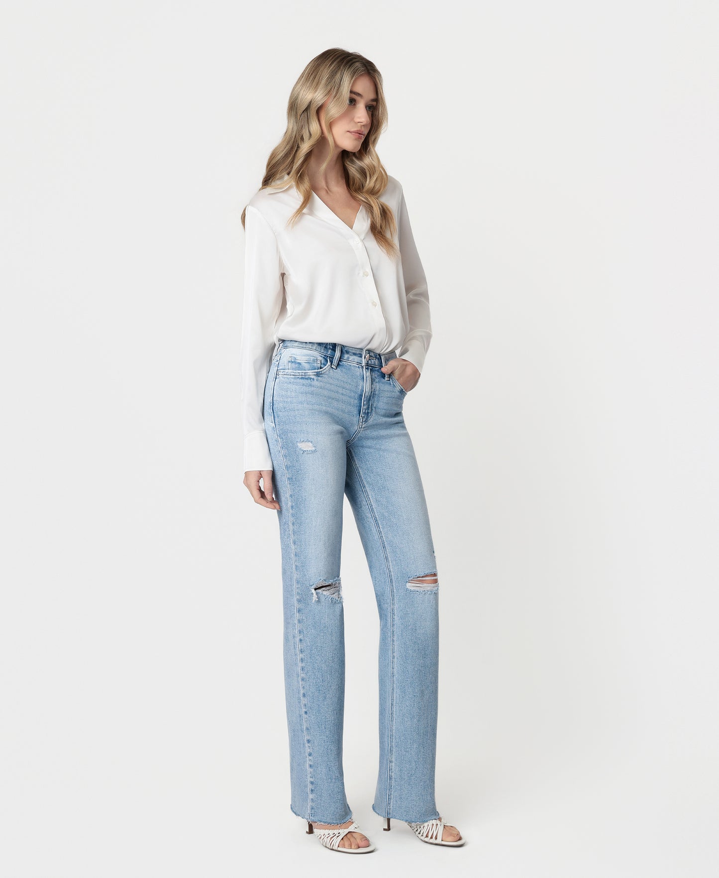Right 45 degrees product image of Dexterity - High Rise Distressed Slim Wide Leg Jeans