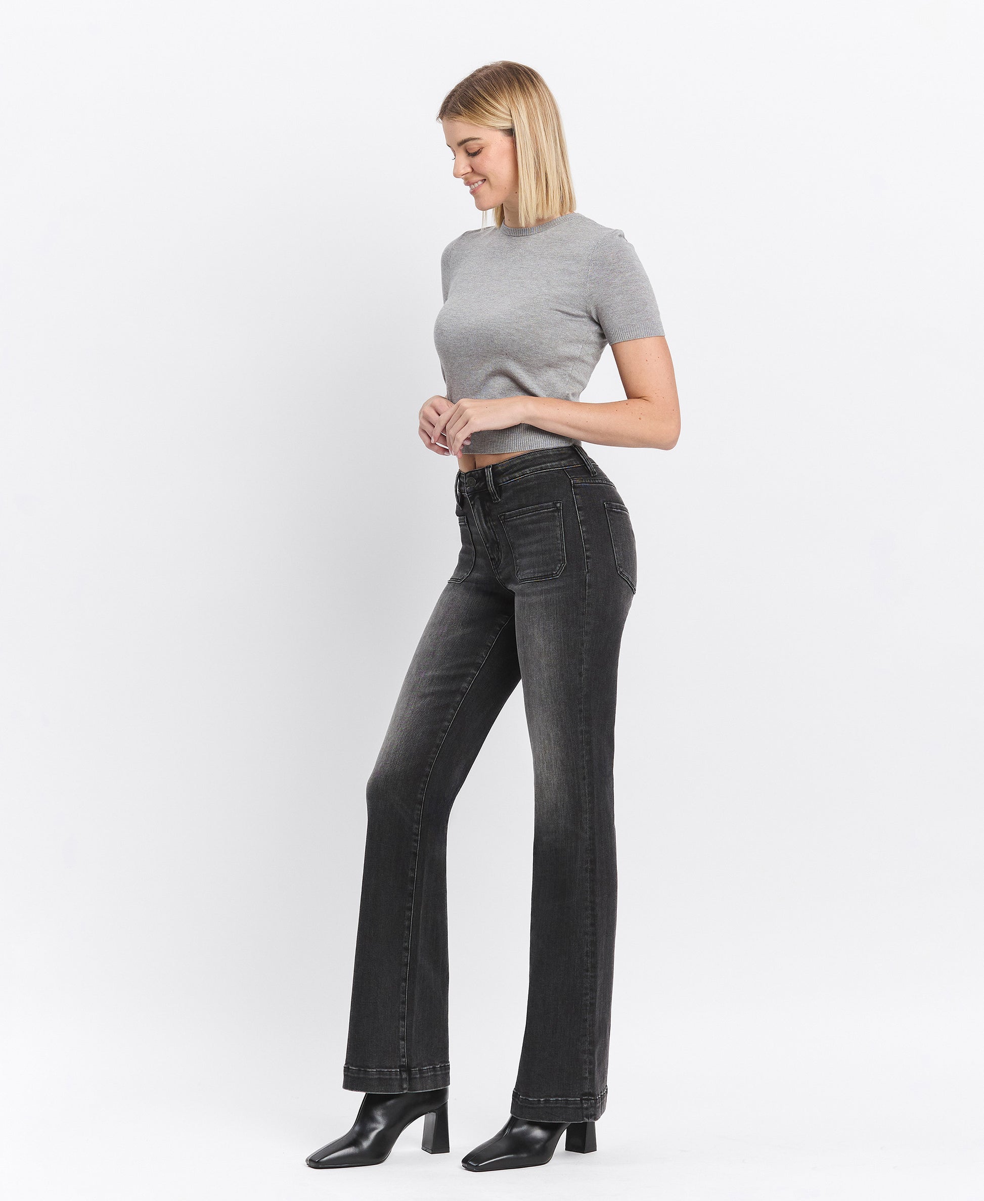 Left 45 degrees product image of Regenerate - High Rise Patch Pocket Flare Jeans