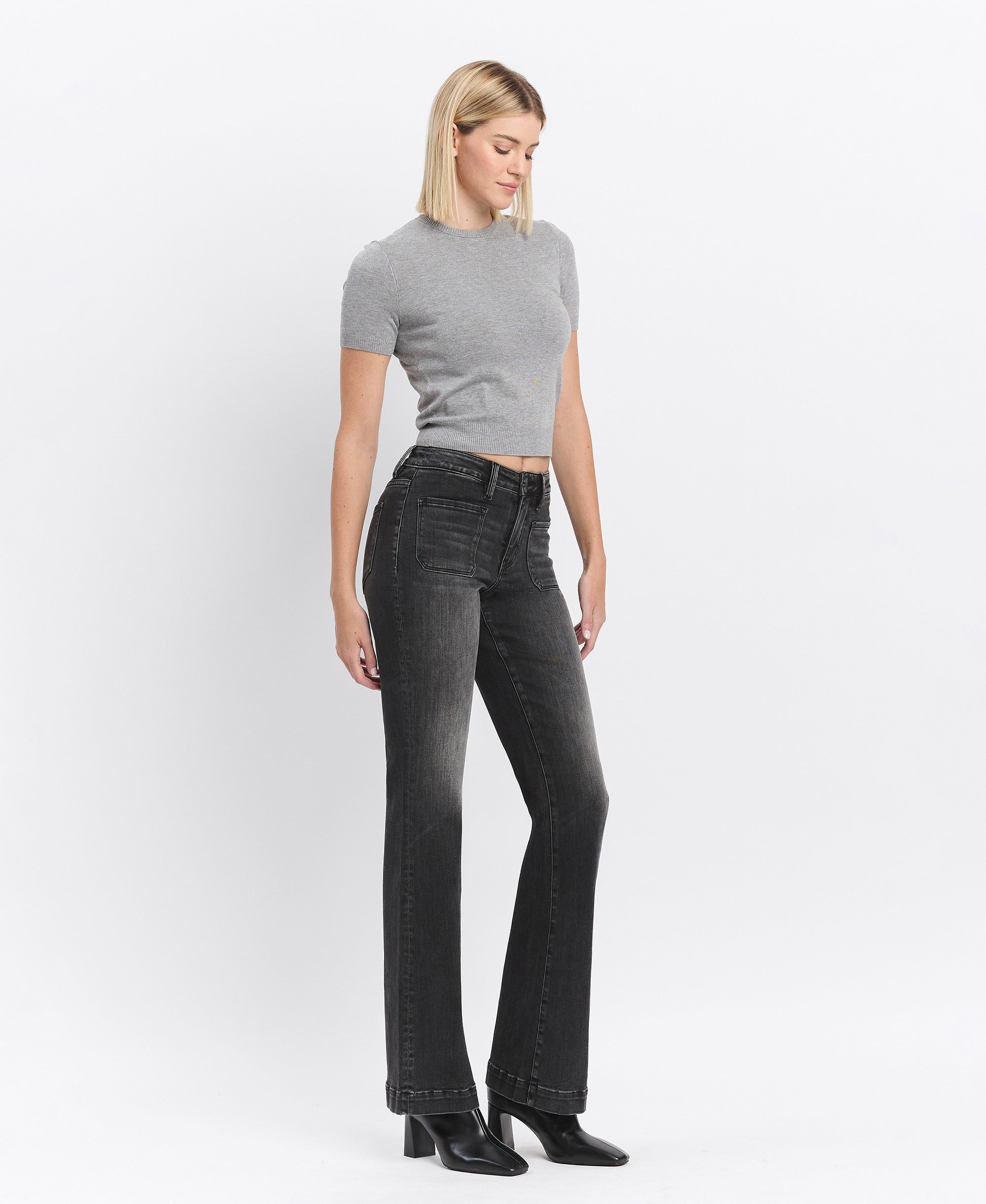 Right 45 degrees product image of Regenerate - High Rise Patch Pocket Flare Jeans