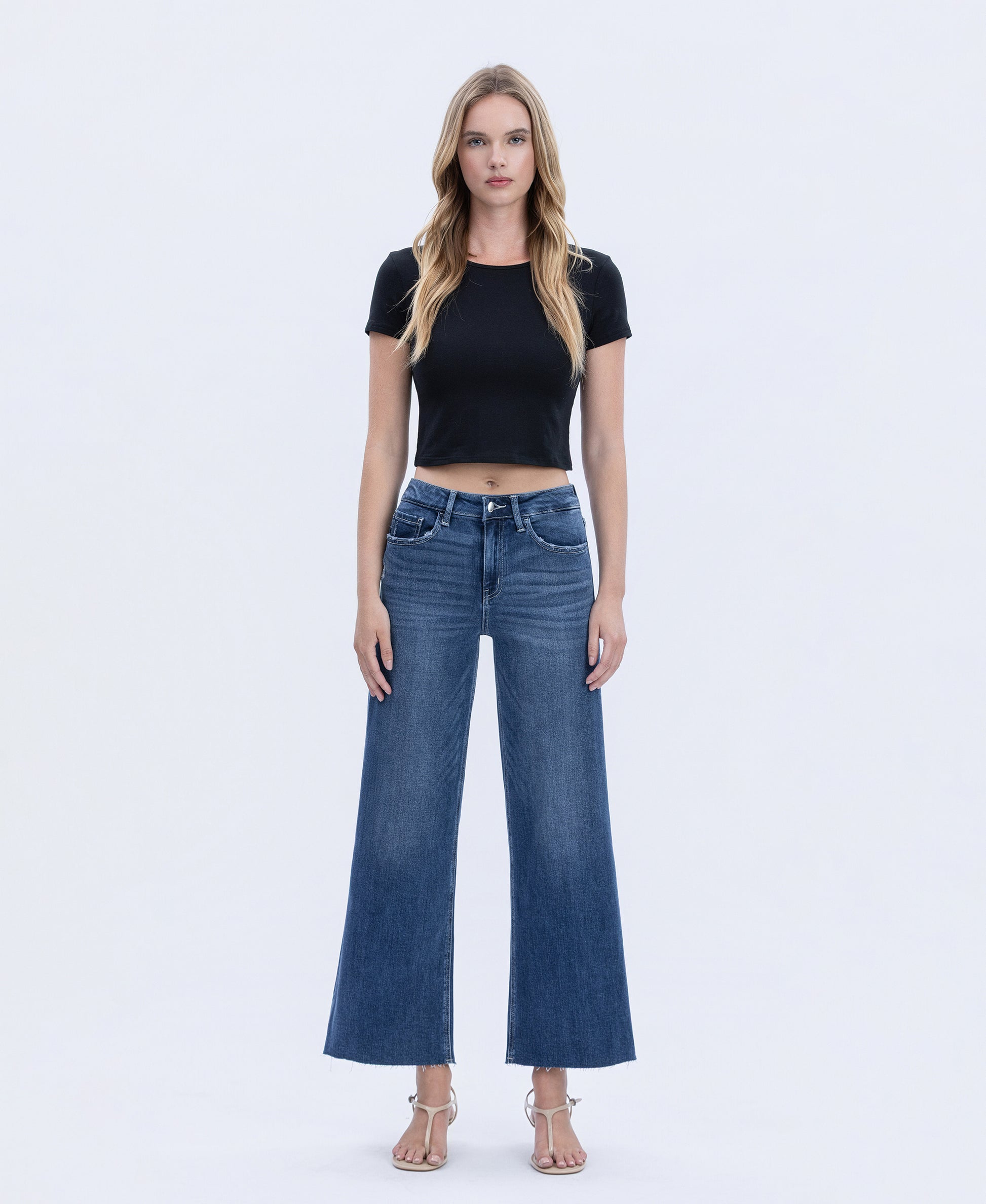 Front product images of Interlude - High Rise Clean Cut Raw Hem Crop Wide Leg Jeans