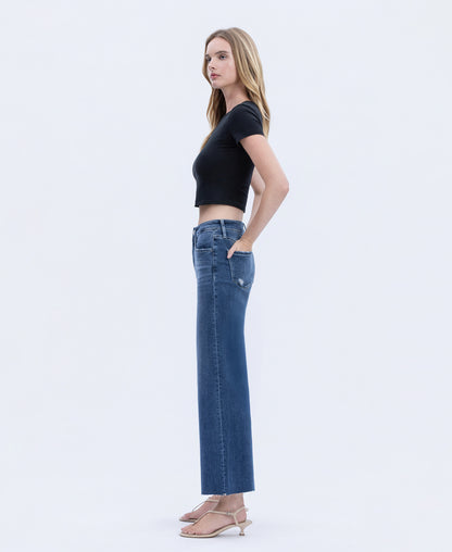 Left side product images of Interlude - High Rise Clean Cut Raw Hem Crop Wide Leg Jeans