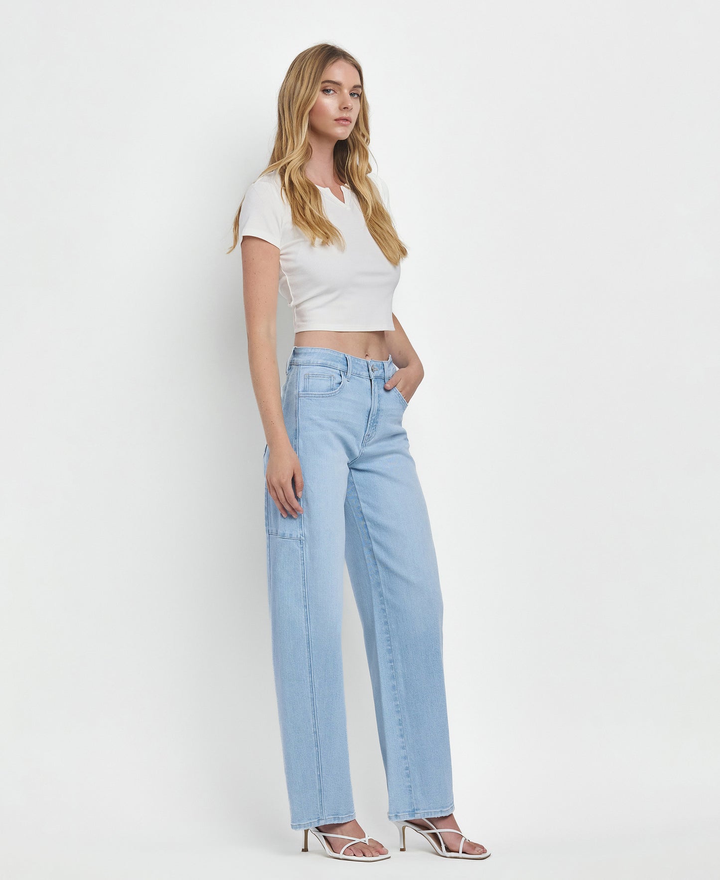 Right 45 degrees product image of Exhibition - Super High Rise Long Barrel Leg Jeans