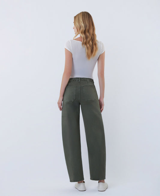 Back product images of Deep Forrest - Super High Rise Elastic Band Barrel Leg Jeans