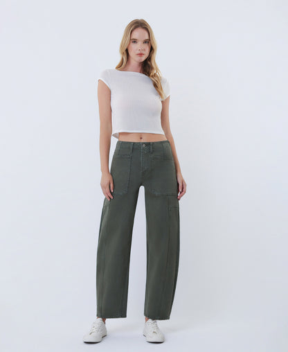 Front product images of Deep Forrest - Super High Rise Elastic Band Barrel Leg Jeans
