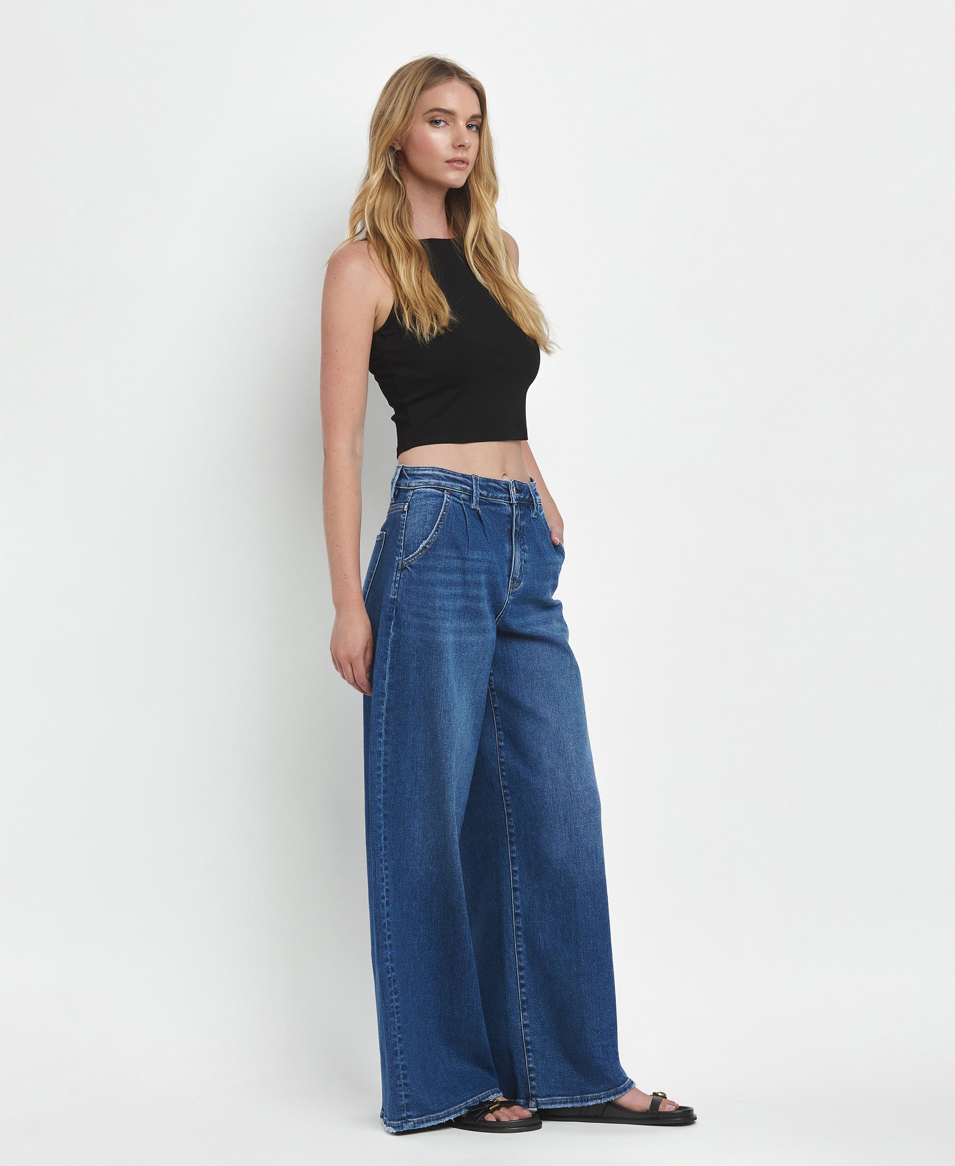 Right 45 degrees product image of Arosa - Super High Rise Pleated Wide Leg Jeans 
