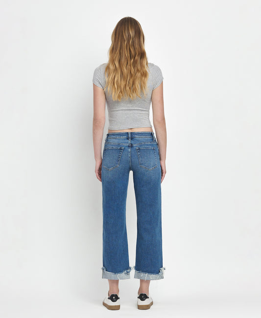 Back product images of Four Season - Mid Rise Raw Cuffed Hem Slim Wide Leg Jeans