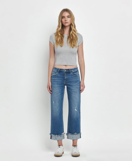Front product images of Four Season - Mid Rise Raw Cuffed Hem Slim Wide Leg Jeans