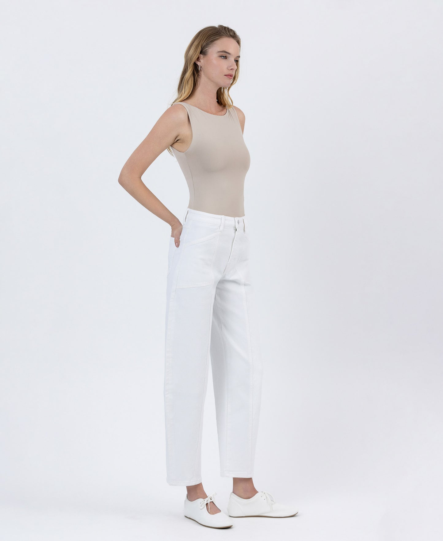 Right 45 degrees product image of Optic White - Super High Rise Panel Barrel Jeans