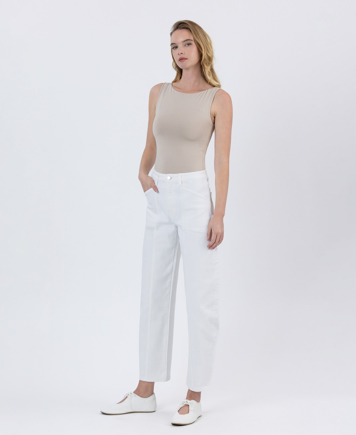 Left 45 degrees product image of Optic White - Super High Rise Panel Barrel Jeans