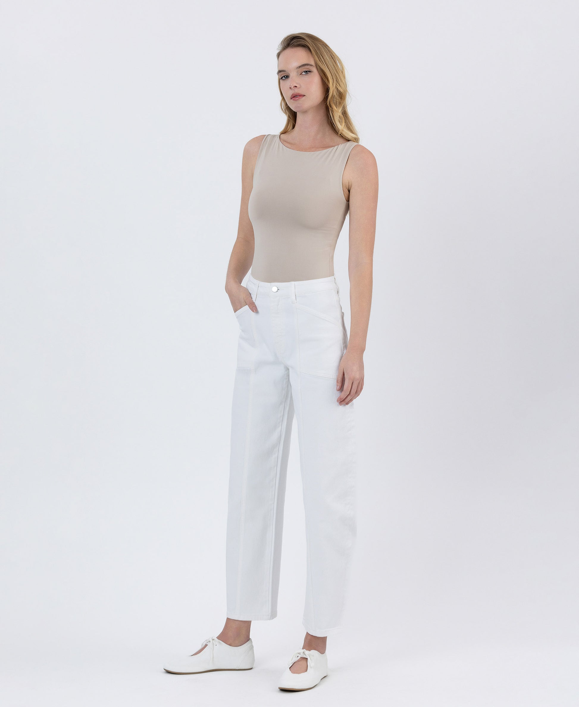 Left 45 degrees product image of Optic White - Super High Rise Panel Barrel Jeans