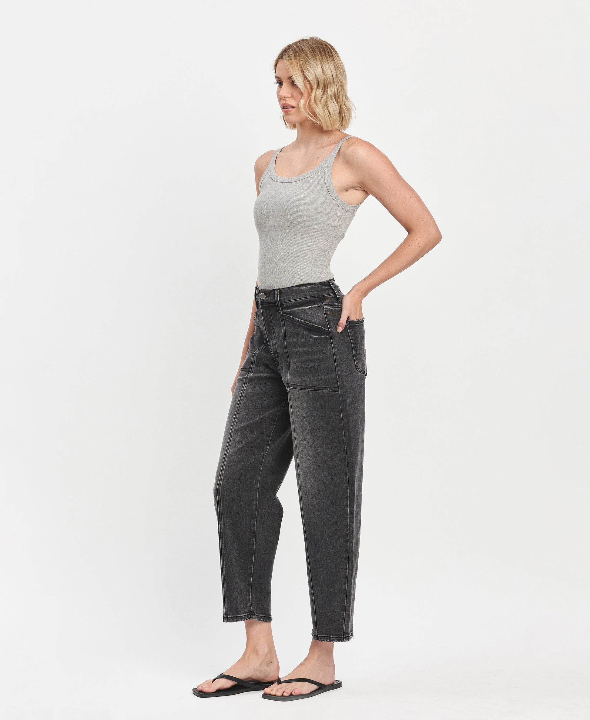 Left 45 degrees product image of Portugal - Super High Rise Panel Detail Barrel Jeans