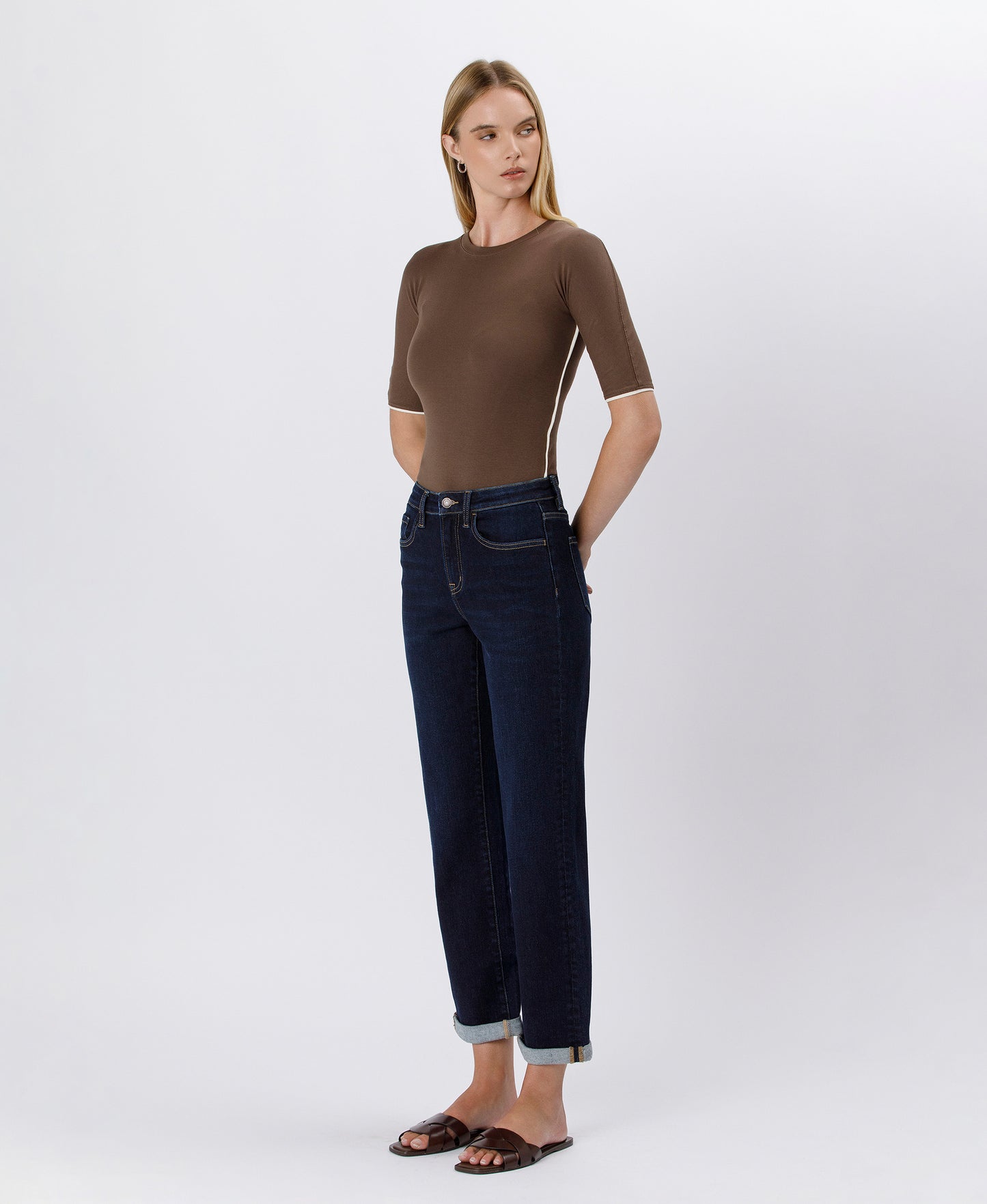 Left 45 degrees product image of Time Away - High Rise Cuffed Crop Straight Jeans