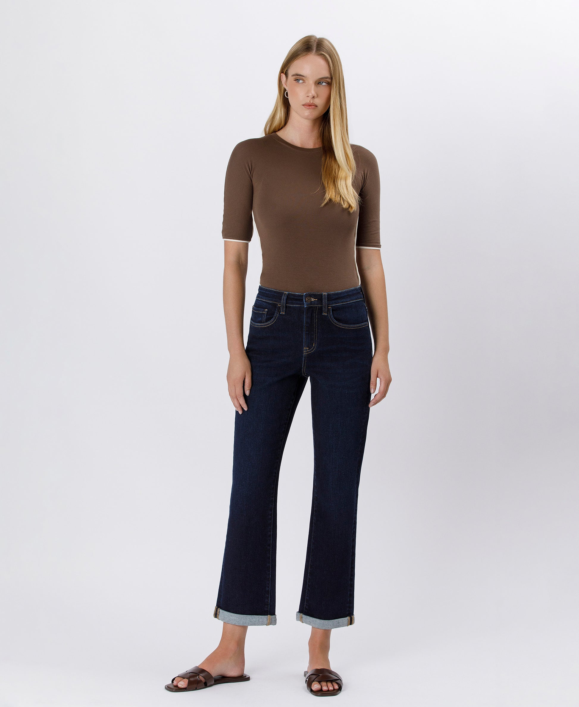 Front product images of Time Away - High Rise Cuffed Crop Straight Jeans