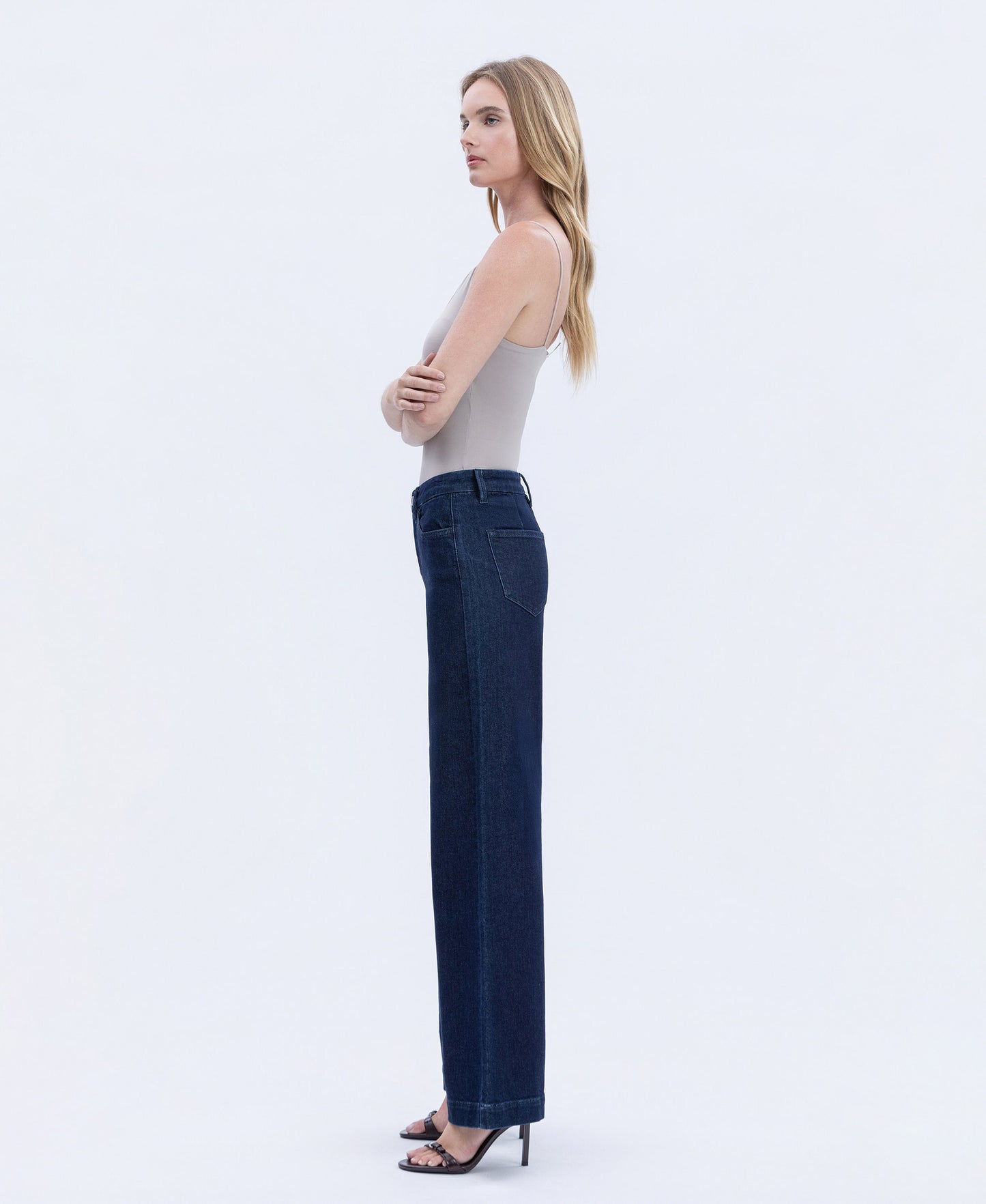 Left side product images of Linden - High Rise Seamless WB Trouser Hem Wide Leg Jeans